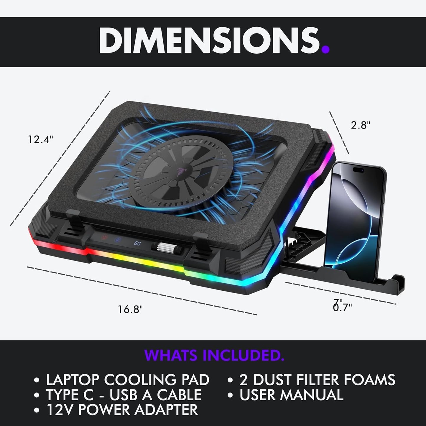 Tilted Nation Gaming Laptop Cooling Pad with USB Hub - Boost Performance, Stay Comfortable - RGB Laptop Cooler Stand with Adjustable Height & Fan Speed, RGB, USB (C + A) Hub, for 15.6" - 19" Laptops