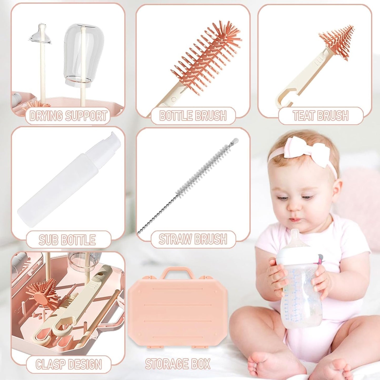 KBAKOS Baby Bottle Brush Set, 6-in-1 Travel Kit with Silicone Bottle Brush, Pacifier Brush, Straw Brush, Soap Dispenser, Drying Rack, Storage Box (Pink)