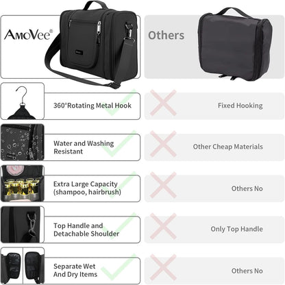 Extra Large Hanging Toiletry Bag for Women and Men, Extra Large Travel Cosmetics Bag, Portable Organizer Bathroom Shower for Hygiene Bag/Toiletries/ Makeup, Black, Hanging Toiletry Bag