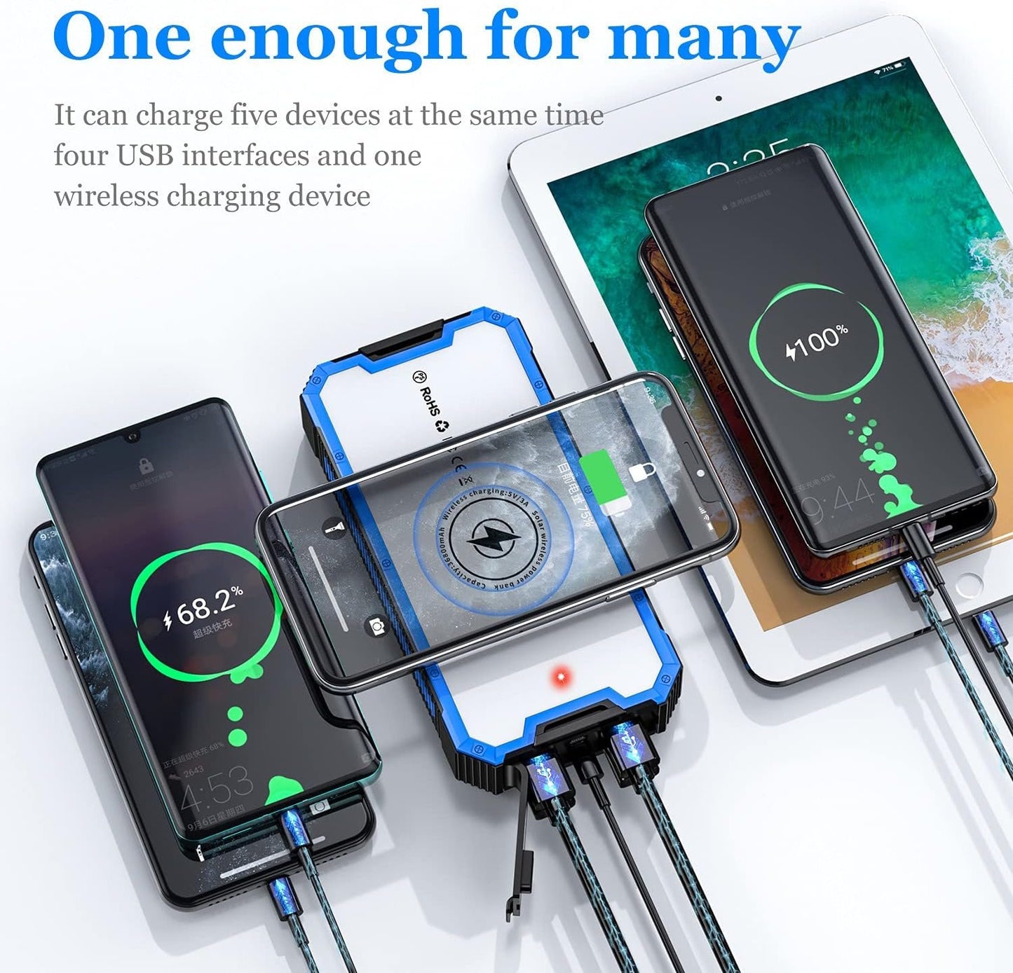 Solar Portable Power Bank 6 Mobile Phones at The Same Time 36800mA Solar Charger with LED Camping Lights High-Capacity External Battery Pack Wireless Portable Charger Outdoor Camping (Blue)