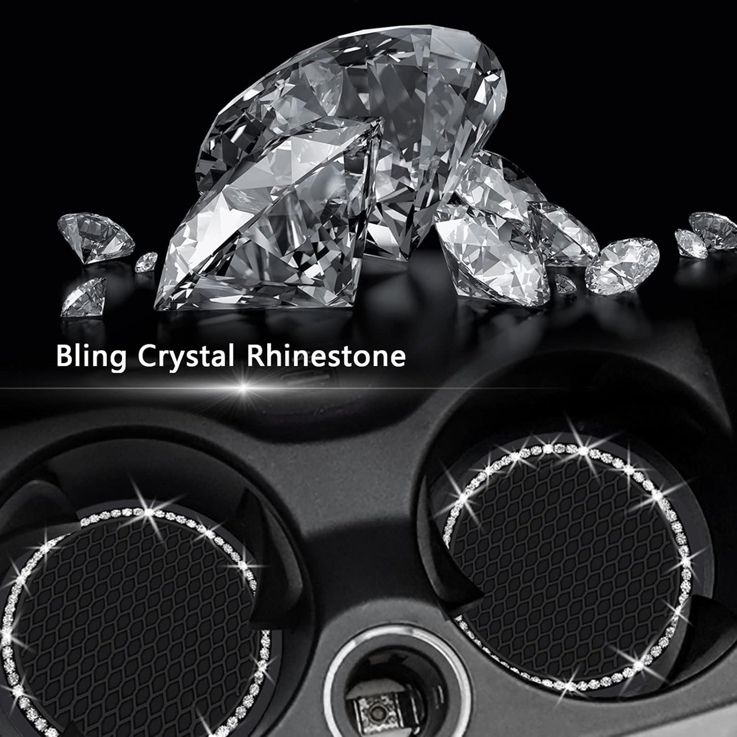 2PCS Bling Car Cup Coaster, 2.75 Inch Auto Cup Holder Insert Coasters Silicone Anti-Slip Crystal Rhinestone Drink Mat, Universal Vehicle Interior Accessories for Women Girls (Black)