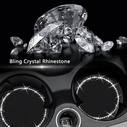 2PCS Bling Car Cup Coaster, 2.75 Inch Auto Cup Holder Insert Coasters Silicone Anti-Slip Crystal Rhinestone Drink Mat, Universal Vehicle Interior Accessories for Women Girls (Black)