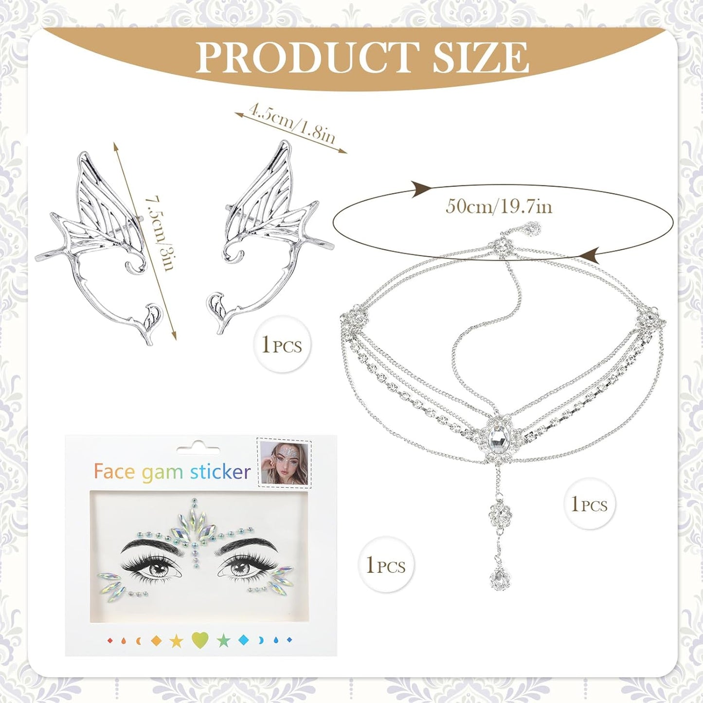 Elf Hair Accessories Boho Women Elf Ears Earrings Silver Hair Jewelry Tiara Elf Crystal Glitter Make Up Stickers Glitter Face Glitter Accessories Headwear Halloween Costume Cosplay, Metal