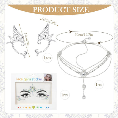 Elf Hair Accessories Boho Women Elf Ears Earrings Silver Hair Jewelry Tiara Elf Crystal Glitter Make Up Stickers Glitter Face Glitter Accessories Headwear Halloween Costume Cosplay, Metal