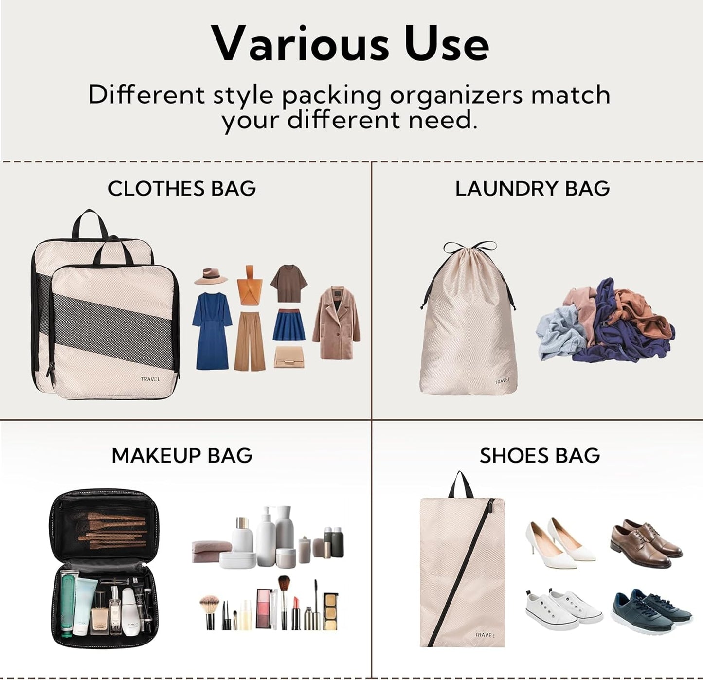 GRANNY SAYS Compression Suitcase Organizer, 6 Pieces Space-Saving Travel Organizer for Suitcases with Zipper, Packing Cubes Compression, Suitcase Organizer Set, Suitcase Organizers, Beige