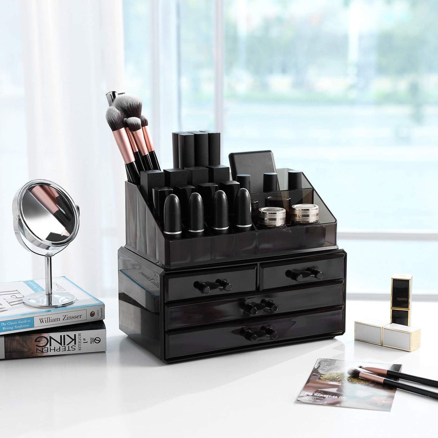 SONGMICS Makeup Organizer Makeup Organizer Stackable Acrylic Cosmetic Organizer with 4 Drawers for Eyeshadow Brushes Lipstick Nail Polish Gift Black JKA007BK