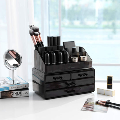 SONGMICS Makeup Organizer Makeup Organizer Stackable Acrylic Cosmetic Organizer with 4 Drawers for Eyeshadow Brushes Lipstick Nail Polish Gift Black JKA007BK