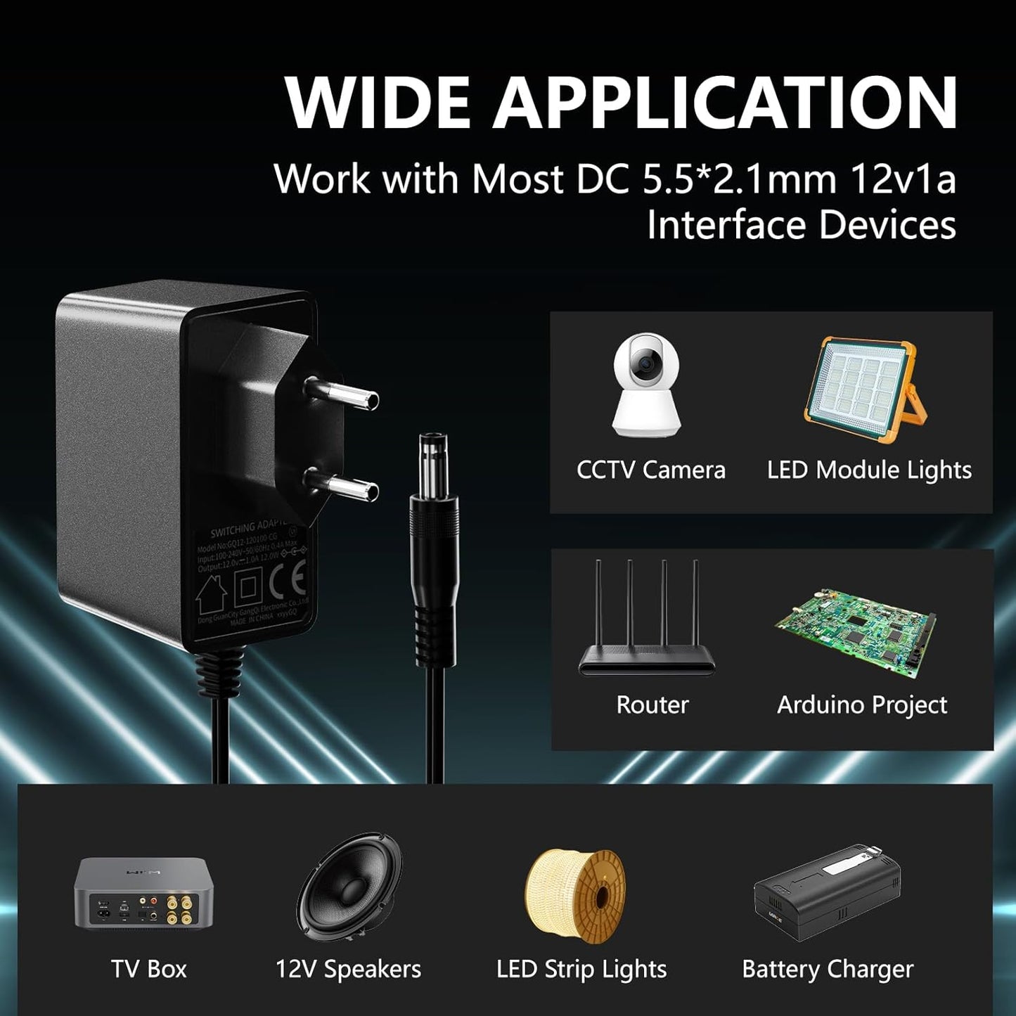 REIGY Power Adapter 12 V 1A 12 W for Cameras, LED Strips, Scanners, Vacuum Cleaners, Modem, AC 100-240 V 50/60 Hz to DC 12 V, Power Supply 5.5 mm x 2.1 mm, Output Cable Length 3 m