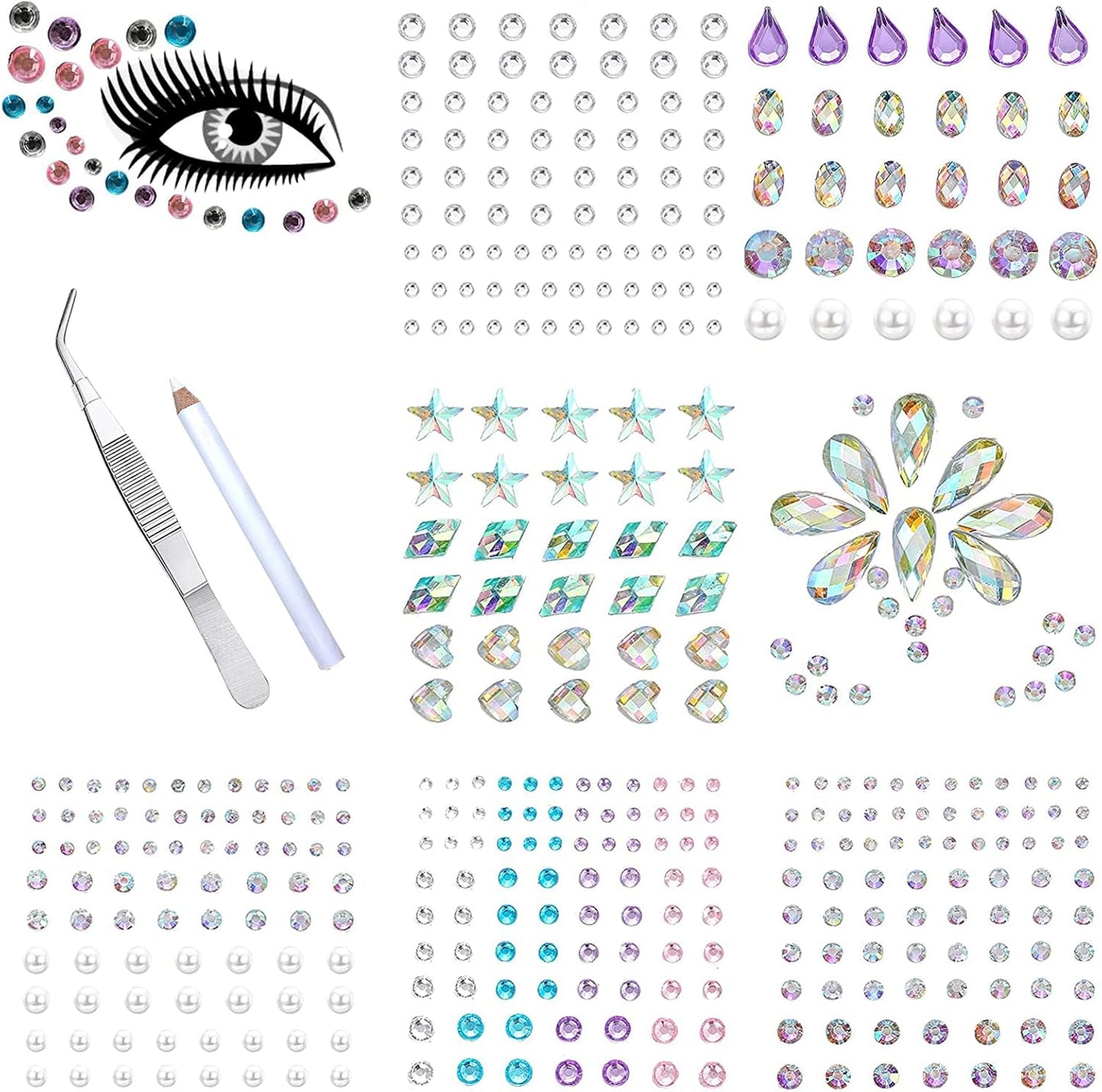 406 Pieces Glitter Gems Stickers for Face 7 Sheets Glitter Make Up Stickers for Gems, Body Eyes Rhinestones Stickers Stickers for Face Gems Festival Accessories Nail Art Decorations