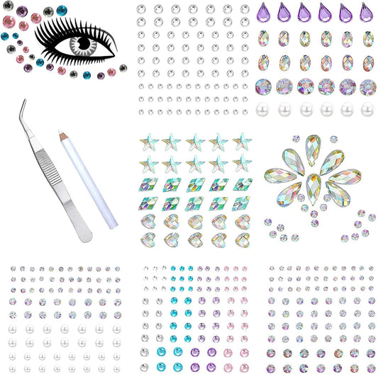 406 Pieces Glitter Gems Stickers for Face 7 Sheets Glitter Make Up Stickers for Gems, Body Eyes Rhinestones Stickers Stickers for Face Gems Festival Accessories Nail Art Decorations