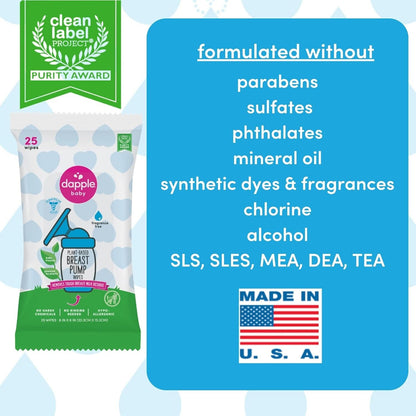 Dapple Baby Breast Pump Wipes, 25 Count (Pack of 3), Fragrance Free, Plant Based & Hypoallergenic Breast Pump Wipes - Removes Milk Residue, Leaves No Taste - Convenient Wipes Pouch