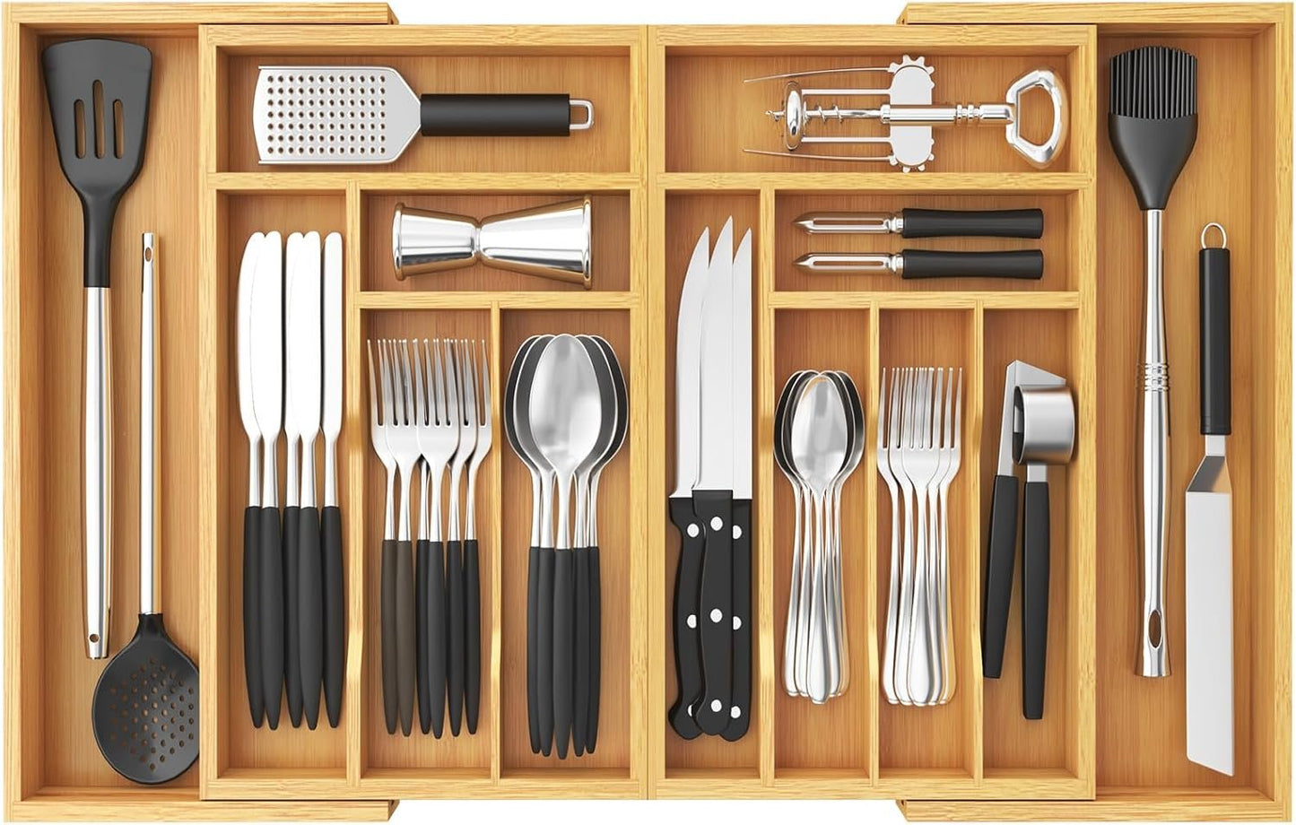 Lifewit Large Silverware Drawer Organizer, Expandable 21.4 to 36 Inches Wide, Bamboo Utensil Tray for Kitchen, Adjustable Flatware and Cutlery Holder for Spoons Forks Knives, 13 Compartments, Natural
