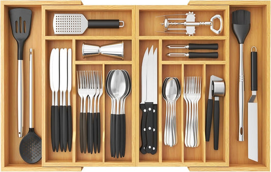 Lifewit Large Silverware Drawer Organizer, Expandable 21.4 to 36 Inches Wide, Bamboo Utensil Tray for Kitchen, Adjustable Flatware and Cutlery Holder for Spoons Forks Knives, 13 Compartments, Natural