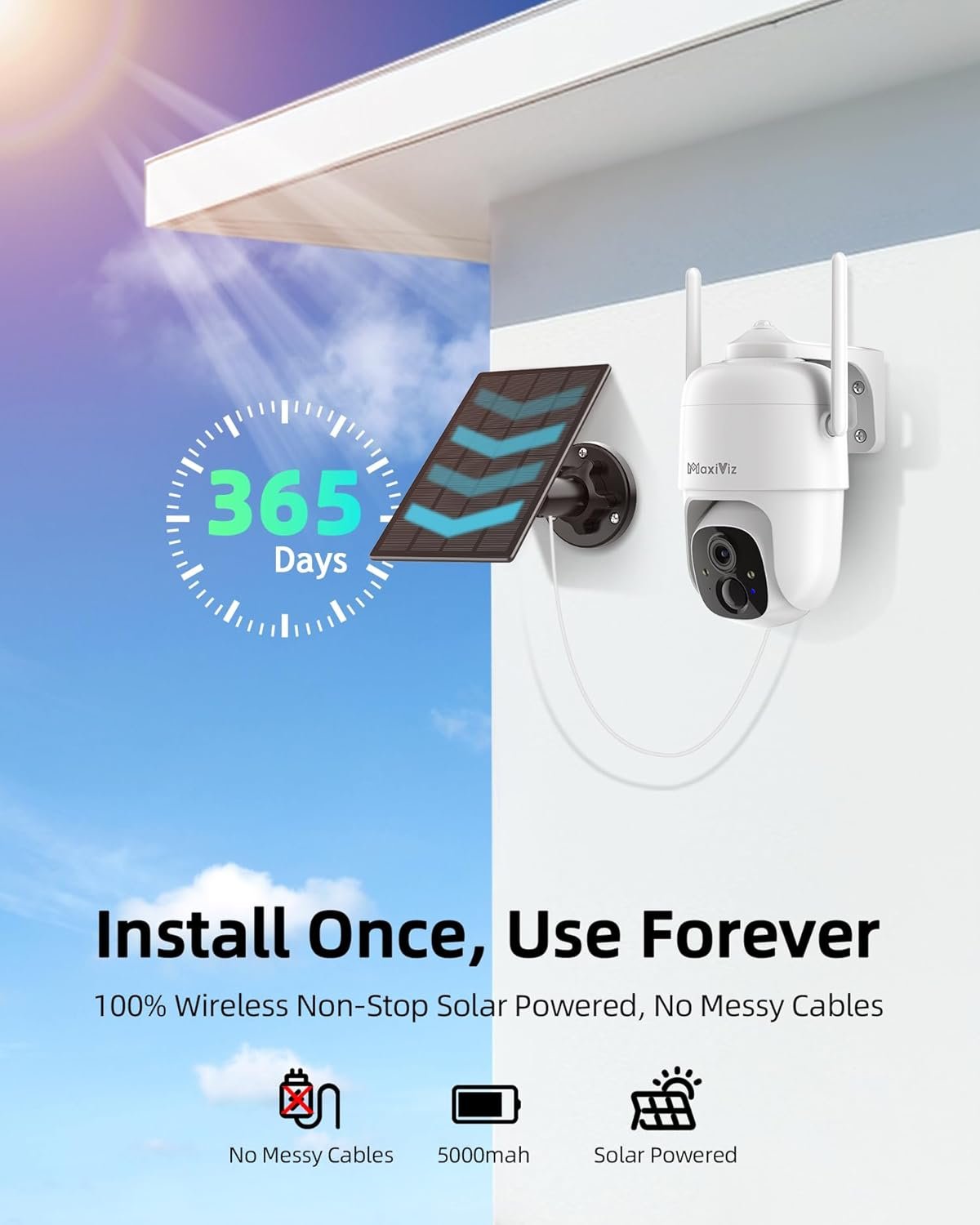 MaxiViz Solar Security Camera Wireless Outdoor, 360Â° View Cameras for Home Security Outside with AI Motion Detection, 2K Color Night Vision, Two-Way Talk, IP66 Weatherproof, SD/Cloud Storage (2 Pack)