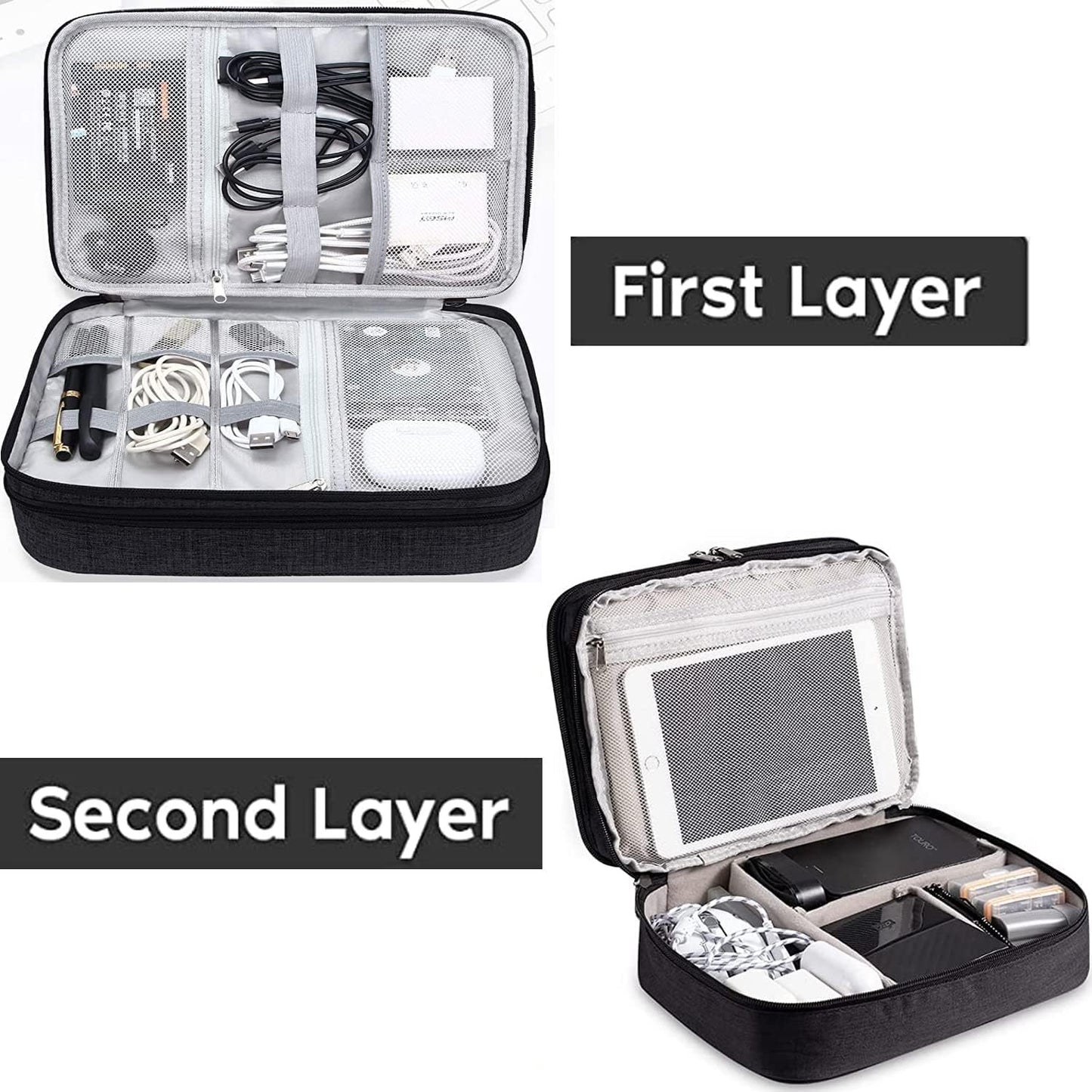 Electronic Accessories Bag, Three-Layer Travel Cable Organizer, Portable Storage Pouch, Universal Waterproof Carry Case for Adapter, Power Bank, Hard Drives, Power Cord, Kindle, Chargers, Mouse, Phone