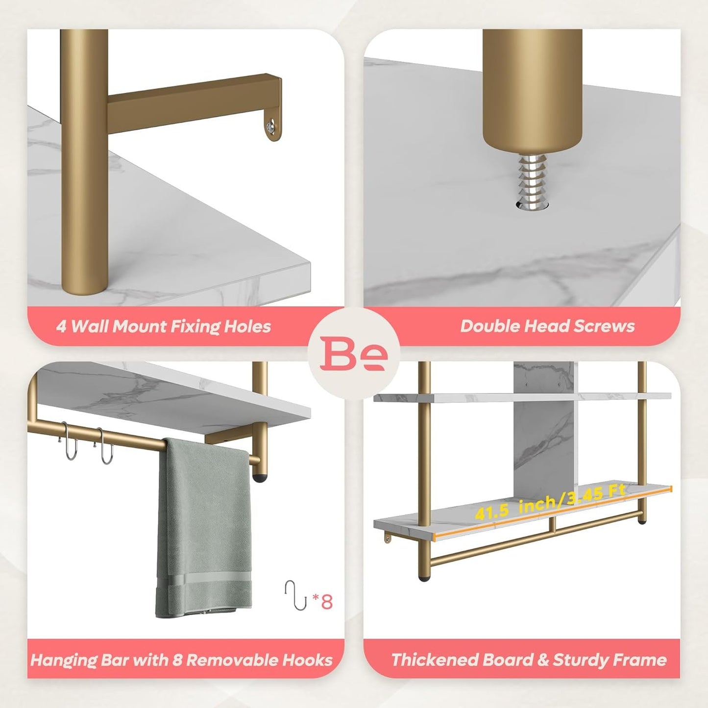 Bestier Kitchen Shelves Wall Mounted Floating Pipe Shelving 3 Tier 41.5" Coffee Bar Shelf with Holder Wall Display Storage Rack Kitchen Organization and Home Decor, White Faux Marble