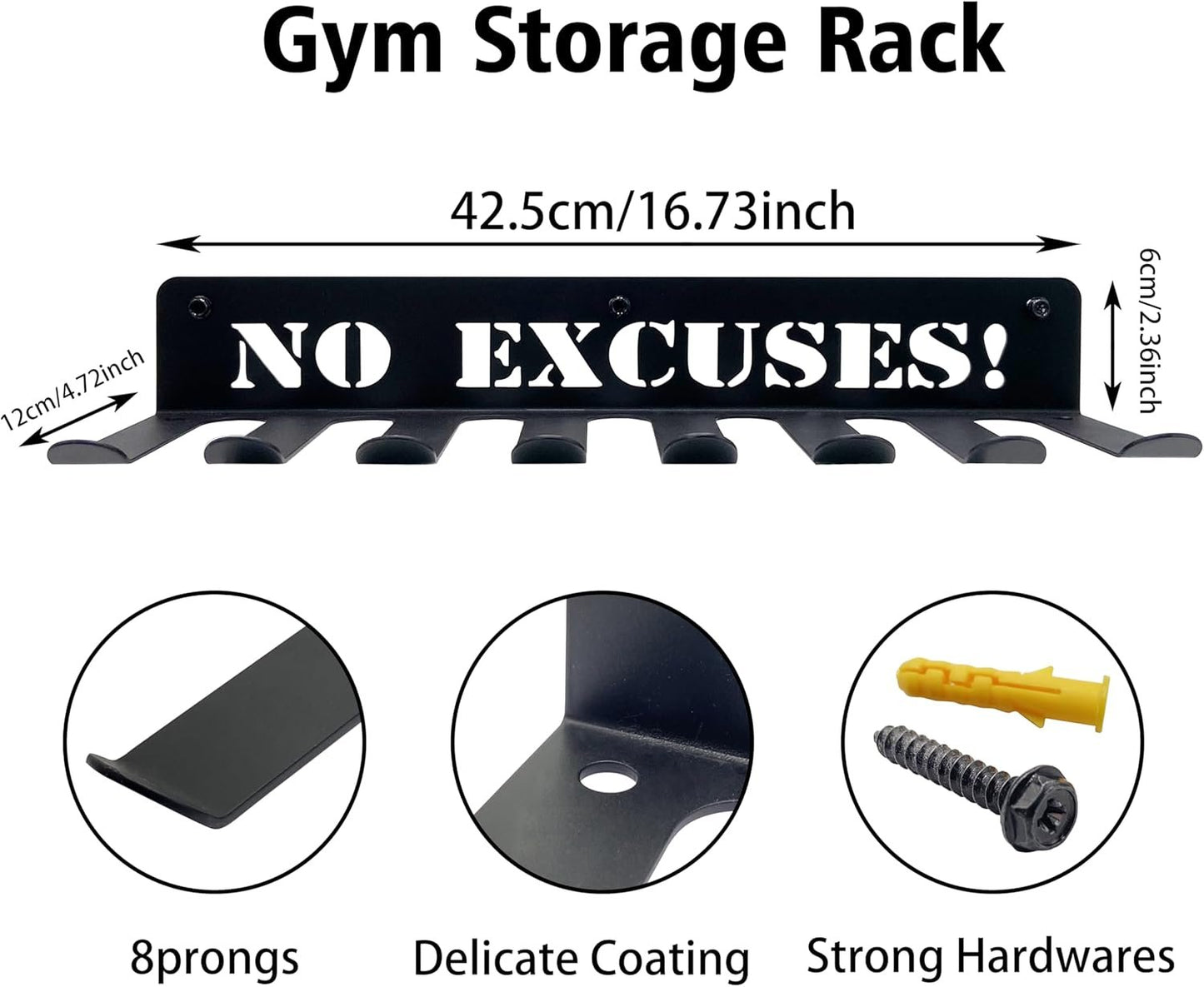 Home Gym Essentials - 16.7 Inch, 8 Hook Gym Storage Rack for Dumbbells, Resistance Bands, Barbell Bars, Jump Ropes & Lifting Belts