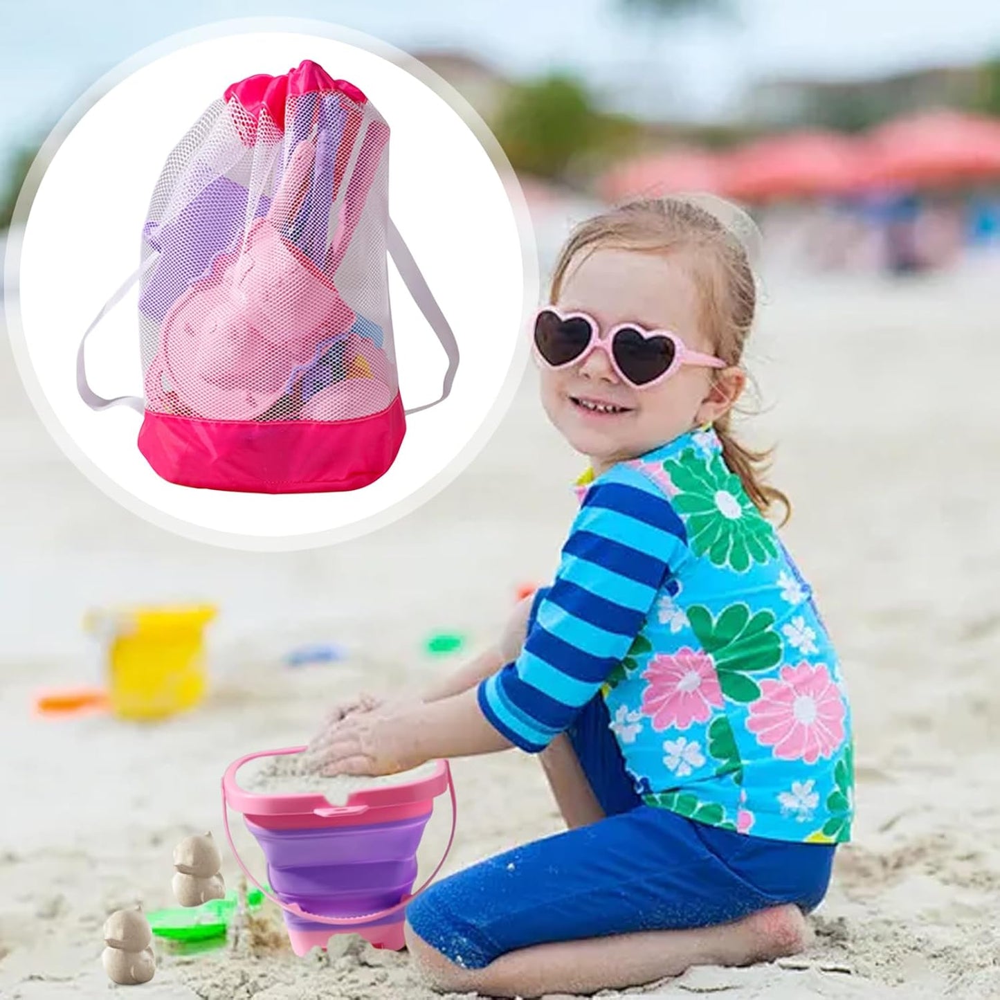 Nuyhgtr Beach Toys Kids, Travel Sand Toys with Foldable Bucket Mesh Bag, Includes Molds, Rake, Shovel, Summer Game to Boys, Girls, Compact Outdoor Play Set for Vacation And Sandbox Fun