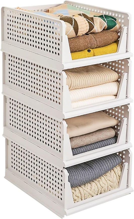 Stackable Plastic Storage Basket, Foldable Closet Organizers and Storage Bins, Drawer Organizer for Clothes, Storage Box for Wardrobe Kitchen Bathroom Office Dorm - 4 Pack L