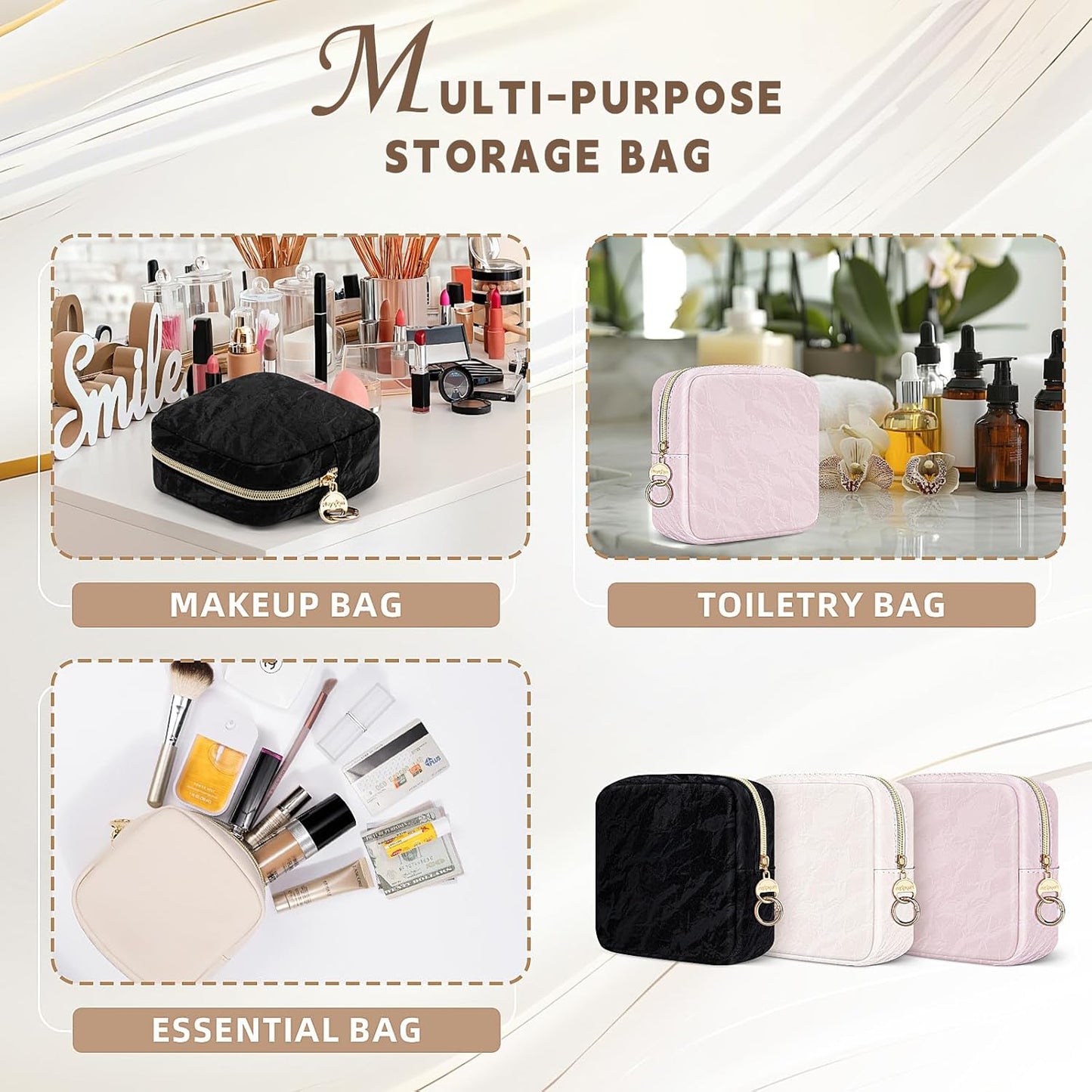 Beauty Case Small Makeup Bag Women Leather Clutch Bag Travel Bag Marble Cosmetic Organizer Bags Makeup Organizer Portable Travel Accessories for Girl Birthday, White, Toiletry Bag