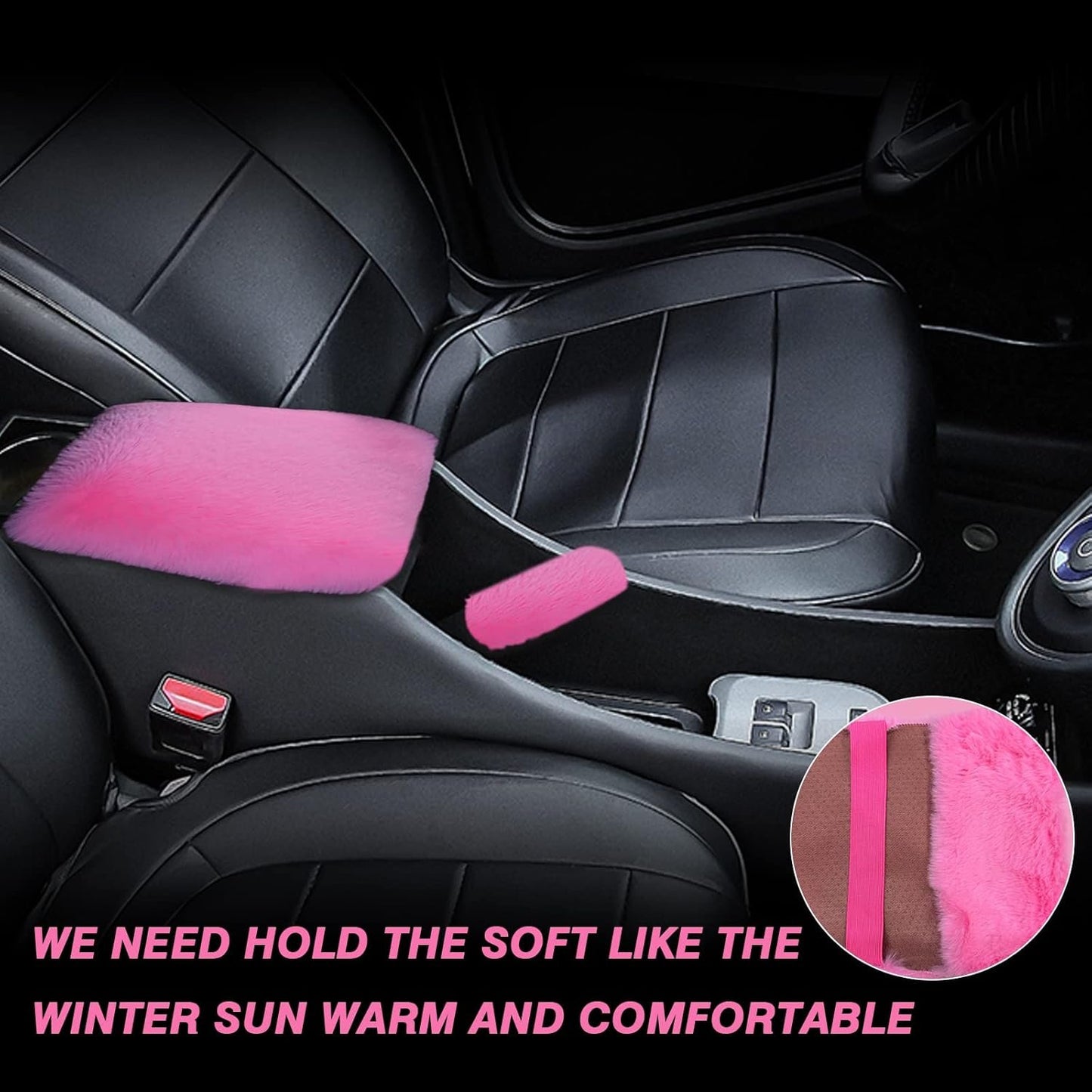 Wazzh 7PCS Set car Interior Aesthetic Accessories, Fluffy 15 inch Steering Wheel Cover, armrest pad, seat Belt Cover,Gear Shift Cover, Fit Girly car Accessories for Women.