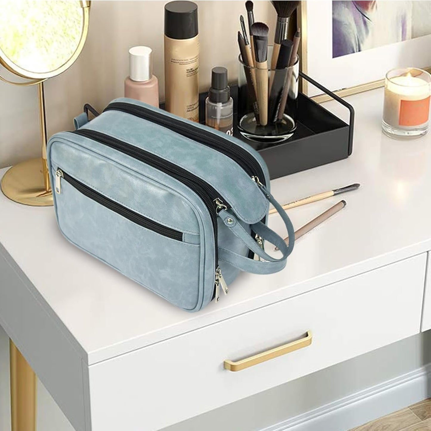 Humdcdy Hygiene Bag for Men, Waterproof PU Shaving Bag for Men, Reusable Men Cosmetic Bag, Toiletry Organizer, Large Travel Toilet Bags for Men Travelling, Blue, Refer to description, Unisex