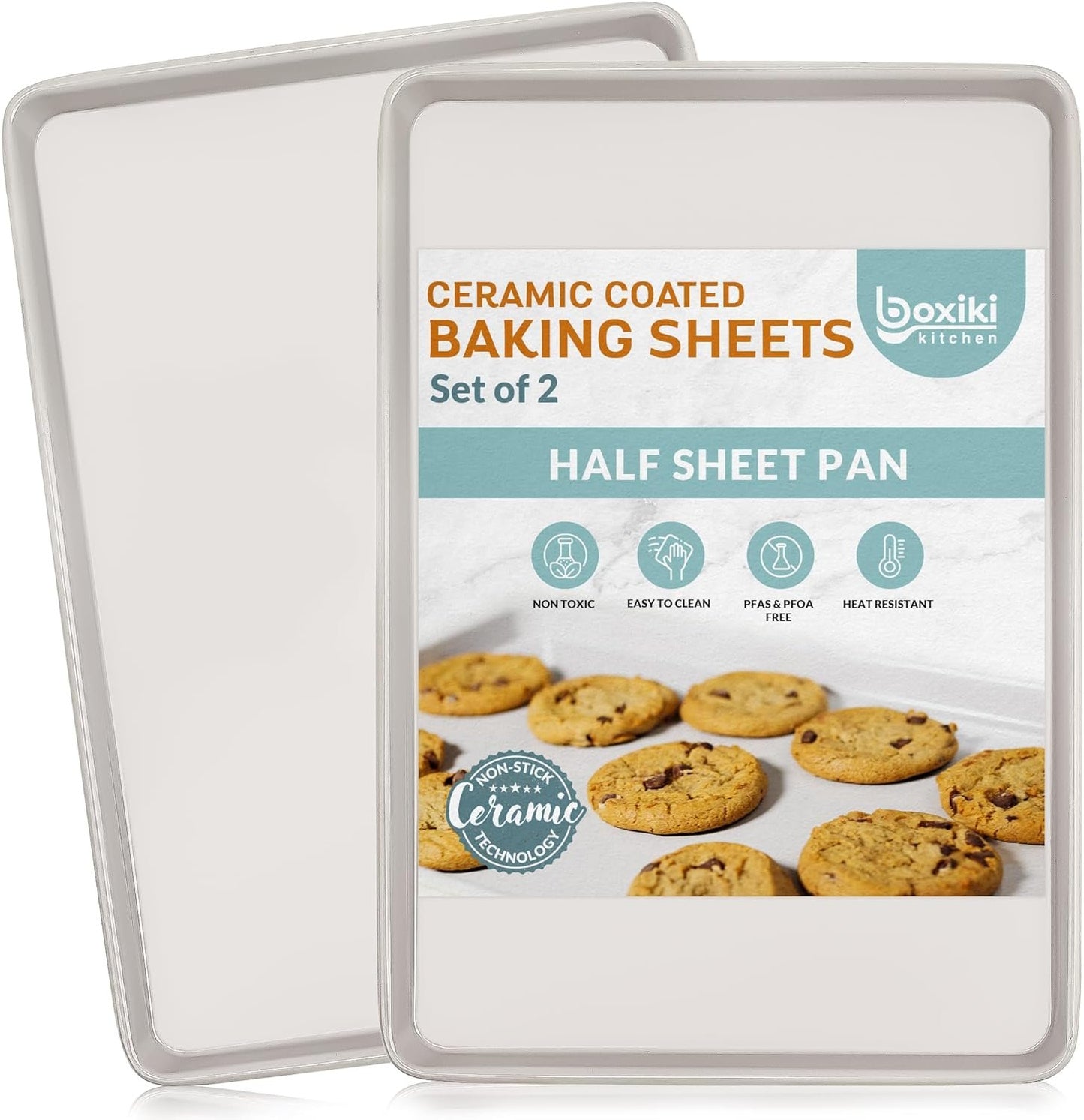 Non-Stick Ceramic Baking Sheet/Cookie Sheet - Set of 2, Durable and Easy to Clean Baking Pans for Kitchen-Dishwasher and Freezer Safe, PFAS-Free (Half Sheet Pan)