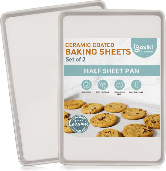 Non-Stick Ceramic Baking Sheet/Cookie Sheet - Set of 2, Durable and Easy to Clean Baking Pans for Kitchen-Dishwasher and Freezer Safe, PFAS-Free (Half Sheet Pan)