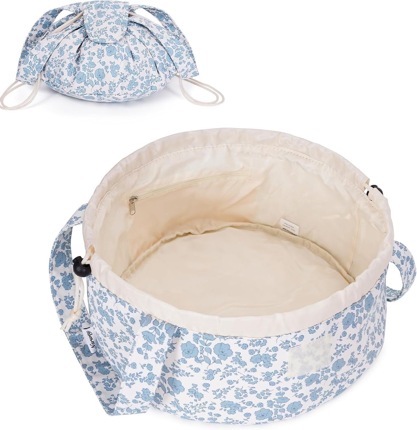 Barrel Drawstring Makeup Bag Large Cosmetic Bag Women Toiletry Organizer for Travel Toiletries Accessories Essentials（Little Blue Flower）