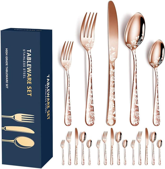 20pcs Stainless Steel Flatware Set, Unique Flower Pattern Silverware Set Service for 4 People, Rose Gold Cutlery Set with Knives/Forks/Spoons, Mirror Polished Utensil Set for Kitchen, Dishwasher Safe