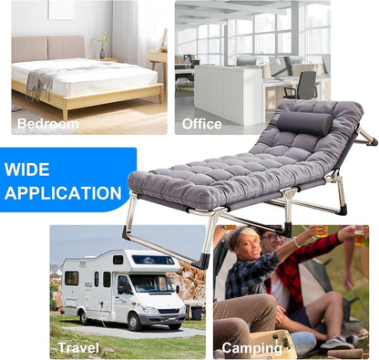 Folding Camping Cot W/Mat for Adults, Heavy Duty Outdoor Camping Bed Travel Camp Cots Camping Loungers, 5-Position Adjustable Backrest, Lightweight Tent Cot for Home Office Beach Garden
