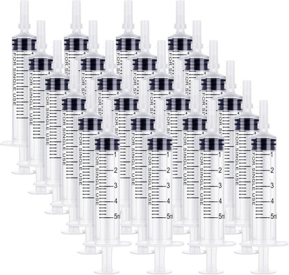 Guiqulai 24 Pack 5ML Plastic Syringes Without Needle Individual Wrap Disposable Syringes with Cap for Scientific Lab Watering Glue Applicator Measuring Liquids Feeding Pets DIY Crafts