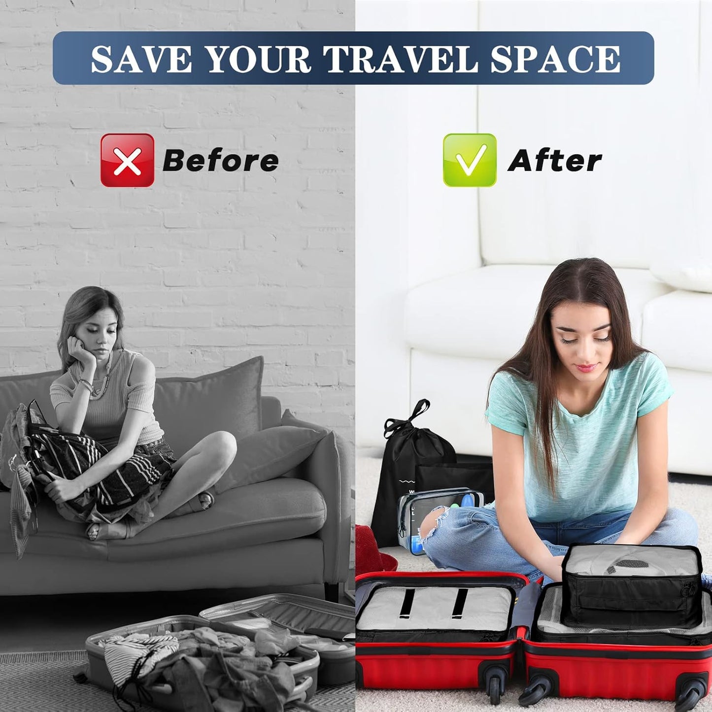 TENXSNUG Travel Suitcase Organizer, 8 Pieces Travel Organizer Packing Cubes Lightweight Organizer Suitcase Cubes Travel Cube for Clothes, Shoes, Underwear, Black