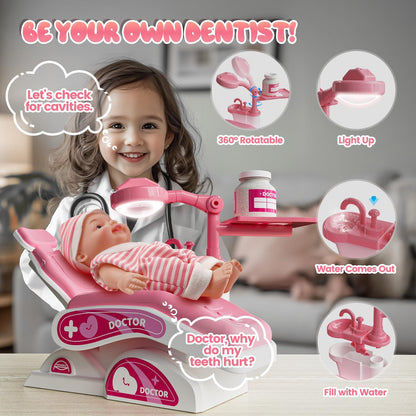 Toy Doctor Kit for Toddlers, Kids Dentist Play Set with Dentist Chair, Doll Toy, Stethoscope, Large Carrying Storage Bag, Dental Accessories, Pretend Doctor Play Medical Gift Kit for Girls Pink