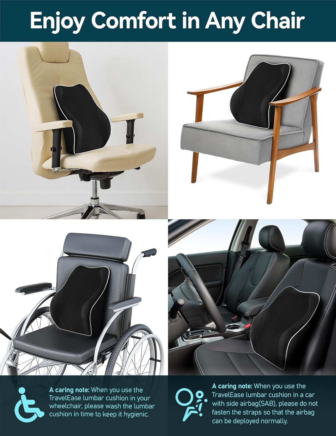 TRAVEL EASE Ergonomic Lumbar Support Cushion, Memory Foam Back Support for Car Seat Office Chair Gaming Chair, Backrest with Skin-Friendly Cover & Dual Adjustable Straps, Black
