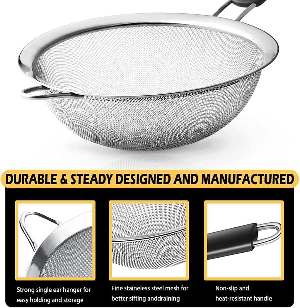 iDopick Fine Mesh Strainers Set of 3,Stainless Steel Strainers Wire Sieve Sifter with Insulated Handle Strainers for Kitchen Gadgets Tools Baking Tools Colander, Food Preparation, Flour Sifter, Rice