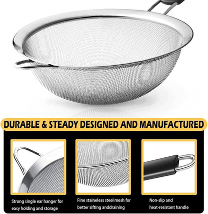 iDopick Fine Mesh Strainers Set of 3,Stainless Steel Strainers Wire Sieve Sifter with Insulated Handle Strainers for Kitchen Gadgets Tools Baking Tools Colander, Food Preparation, Flour Sifter, Rice