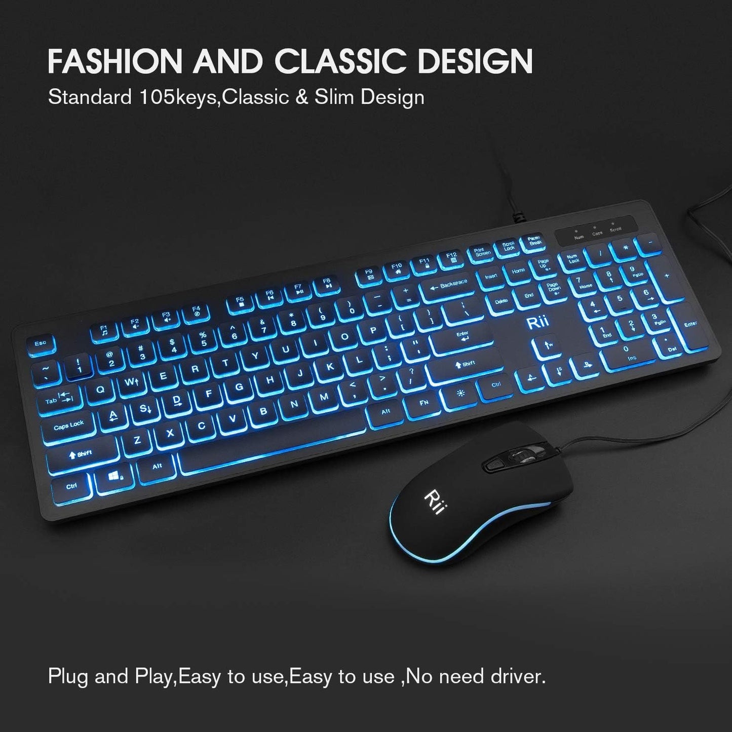 Rii Three Colors Backlit Keyboard and Mouse, Wired Keyboard and Mouse Combo, USB Keyboard and Mouse Set,Quiet Input Gaming Keyboard,Optical RGB Mouse for School,Office,Business and Gaming