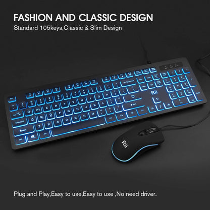 Rii Three Colors Backlit Keyboard and Mouse, Wired Keyboard and Mouse Combo, USB Keyboard and Mouse Set,Quiet Input Gaming Keyboard,Optical RGB Mouse for School,Office,Business and Gaming