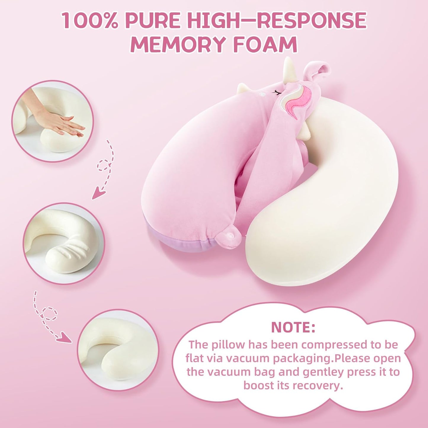 Kids Travel Pillow,Unicorn Toddler Neck Pillow for Kids Traveling with Eye Mask,U-Shaped Airplane Flight Car Head Neck Support Memory Foam Pillow for Adults,Gifts for Children,Boys,Girls (Pink)