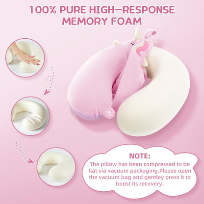 Kids Travel Pillow,Unicorn Toddler Neck Pillow for Kids Traveling with Eye Mask,U-Shaped Airplane Flight Car Head Neck Support Memory Foam Pillow for Adults,Gifts for Children,Boys,Girls (Pink)