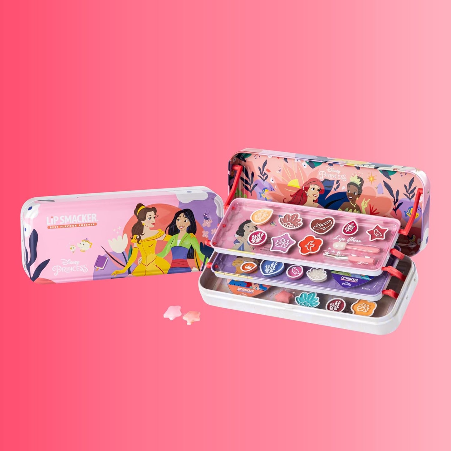 Lip Smacker Disney Princess Artisan Picnic Beauty Tin, 3-Tier Makeup Set for Kids with Lip Gloss, Glow Eyeshadows, Make-up Applicators and Hair Accessories