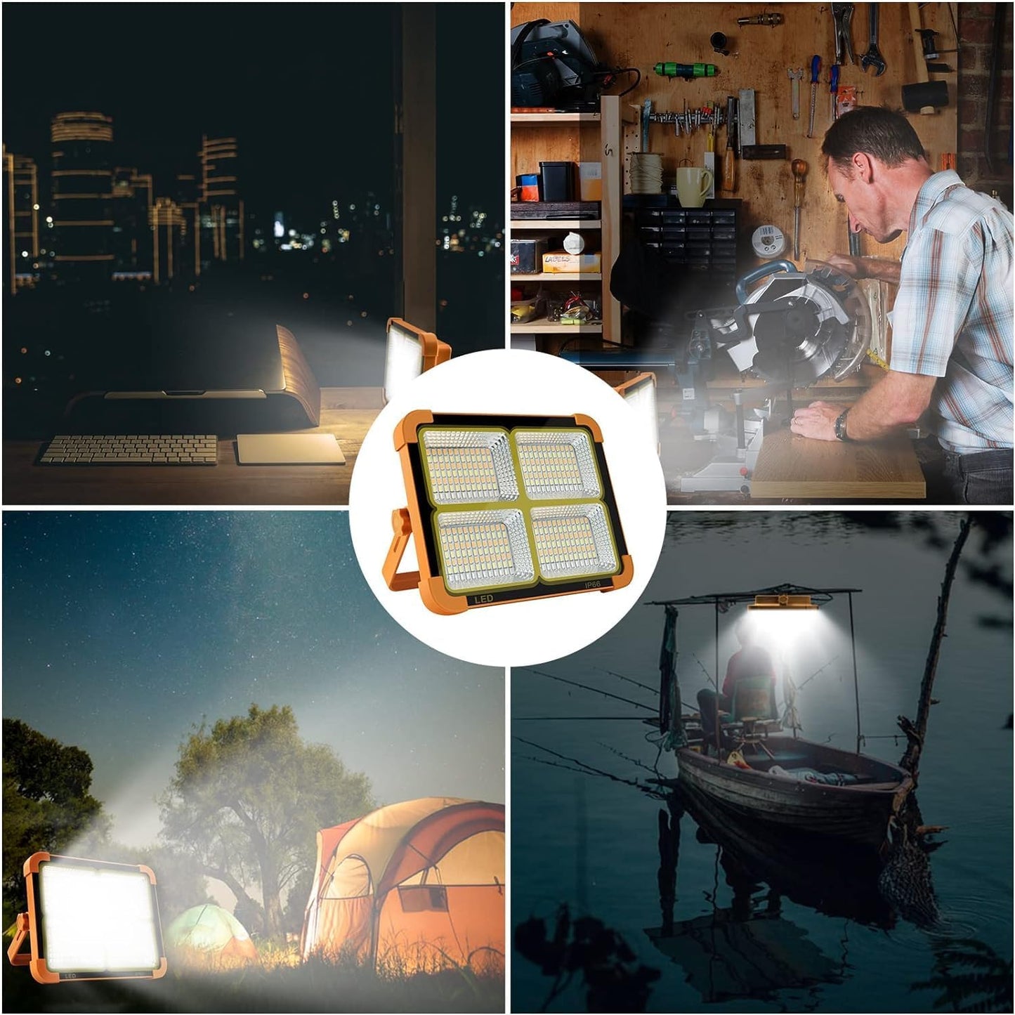 100 W LED Construction Spotlight Solar Rechargeable Battery Work Spotlight Portable Camping Lamp with 16500 mAh Power Bank, 10000 Lumen for Construction Site Garage Workshop for Fishing Emergency