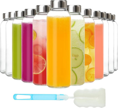 KEYWING 12Pack Glass Juice Bottles with Lids, 18oz Clear Juicing Bottle with Reusable Glass, Leak Proof Water Bottles with Airtight Stainless Steel Cap for Juice, Milk, Coffee