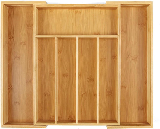 SafeHouseware Bamboo Expandable Cutlery Organizer Tray: Holds Silverware, Flatware, Utensils, Cutlery, Accessories or Gadgets Size:11.5" - 18" W X 15"d X 2" H