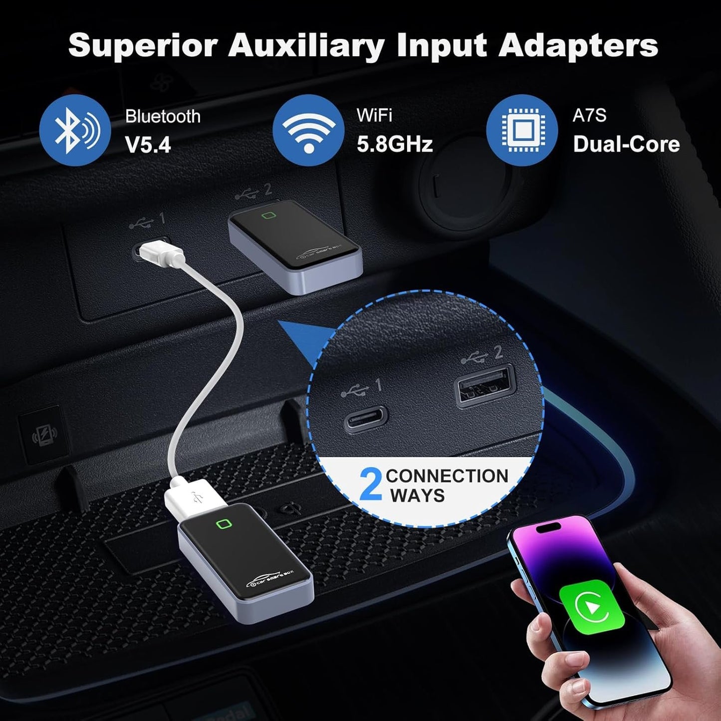 2-in-1 Wireless CarPlay Adapter for iPhone & Android - Bluetooth 5.4 & Dual-Band WiFi - Plug & Play - Stable -20°C Cold Weather Performance - Zero Delay Steering Wheel Control with USB-C Adapter