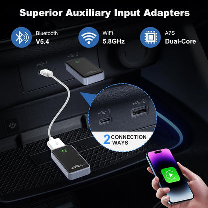 2-in-1 Wireless CarPlay Adapter for iPhone & Android - Bluetooth 5.4 & Dual-Band WiFi - Plug & Play - Stable -20°C Cold Weather Performance - Zero Delay Steering Wheel Control with USB-C Adapter