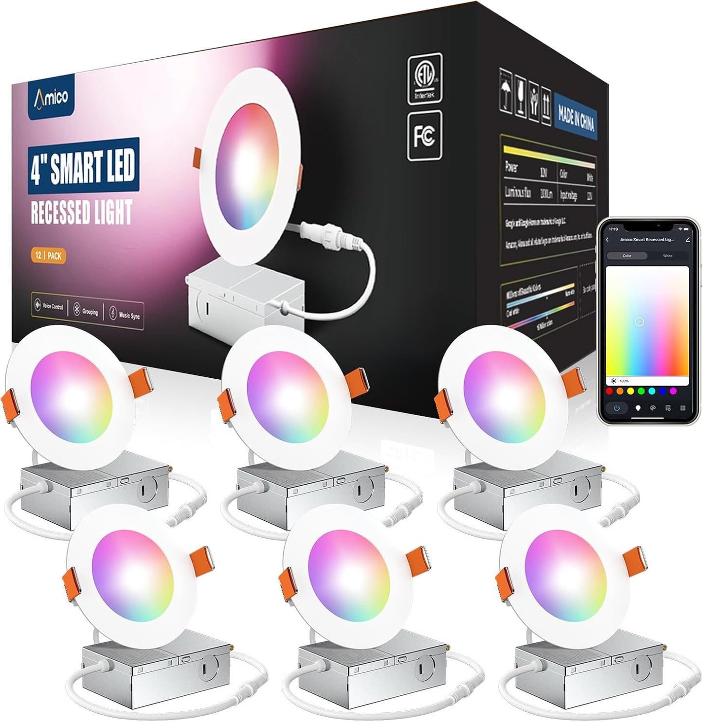 Amico 6 Pack 4 Inch Smart LED Recessed Lighting, WiFi Bluetooth Canless Downlight with Junction Box, RGB & 2700-6500K Color Changing, 10W=70W 800LM, Voice&Remote&Group Control