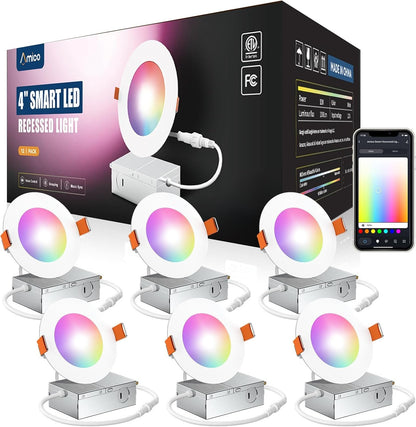 Amico 6 Pack 4 Inch Smart LED Recessed Lighting, WiFi Bluetooth Canless Downlight with Junction Box, RGB & 2700-6500K Color Changing, 10W=70W 800LM, Voice&Remote&Group Control