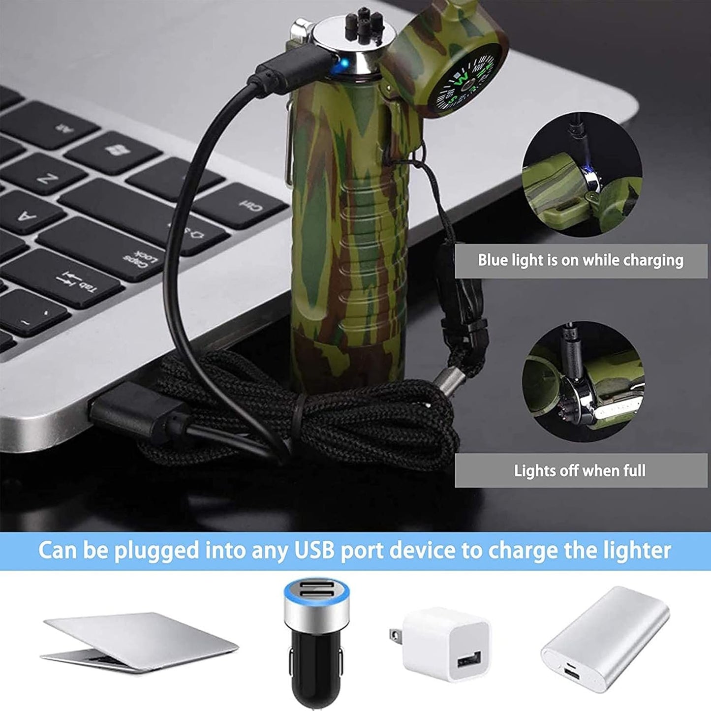 Electric Lighter (Rechargeable),3 in 1 Windproof Plasma Lighter with Tactical Flashlight & Compass,Portable Flameless Arc Lighters for Camping Hiking Outdoor Adventure Survival Tactical (Camouflage)